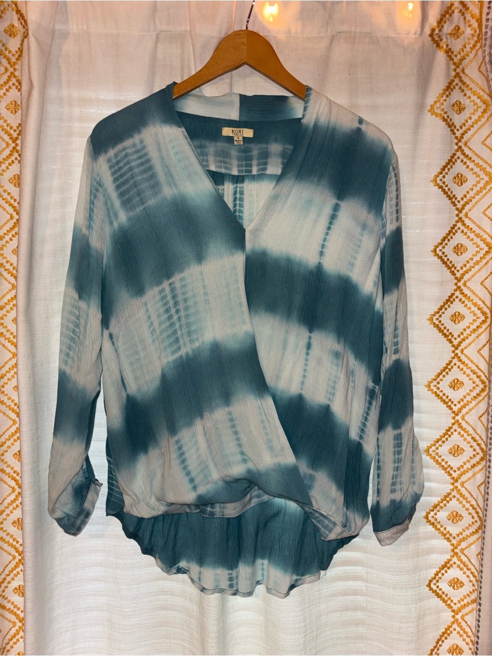 KORI Teal-Blue and White Tie-Dye Boho Blouse Size S